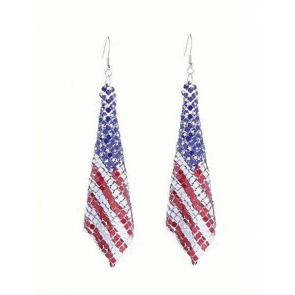 Pair Patriotic American Flag Dangle Drop Earrings United States July 4th Holiday - Picture 1 of 5